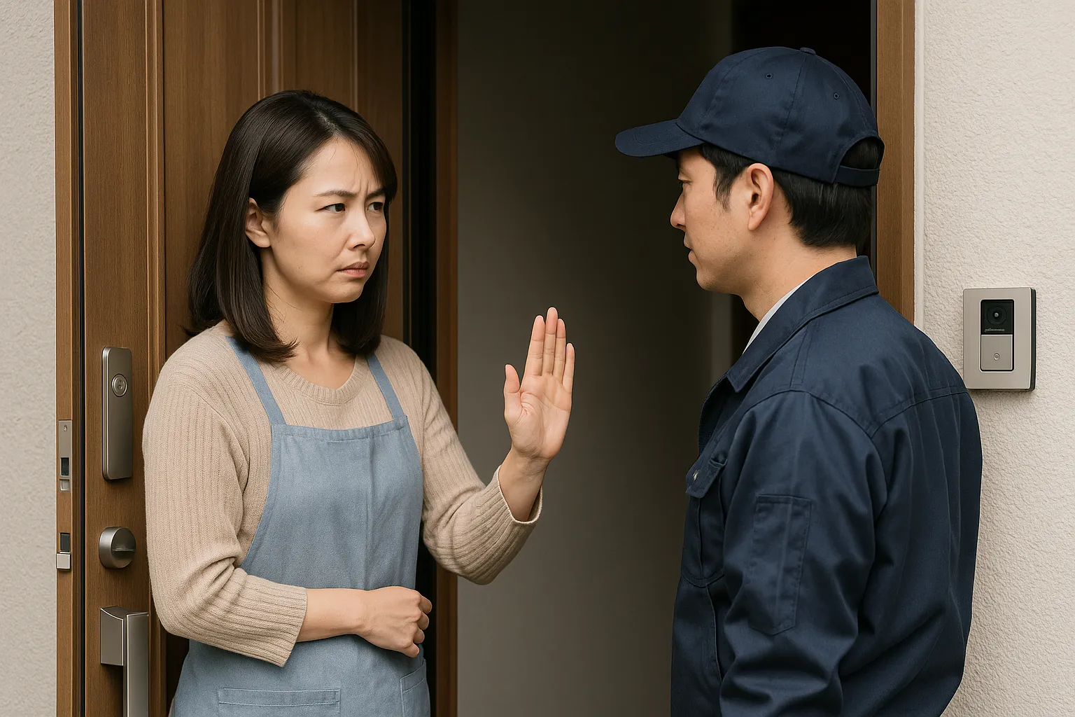 アポなし訪問の業者に断わっている主婦