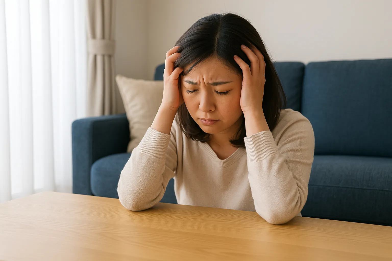 リビングで頭を抱えている主婦